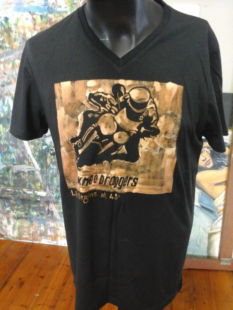 Bleach painted image of a grand prix motorbike rider dragging his knee