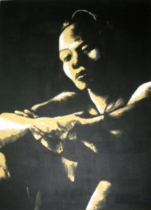 Oil painting of a girl looking down