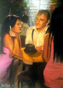 oil painting of people in a bar