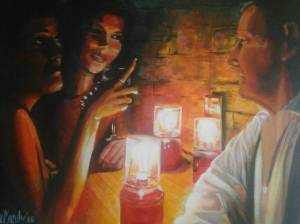 oil painting of conversation in a cosy bar