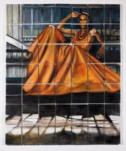 large painting of fashion model