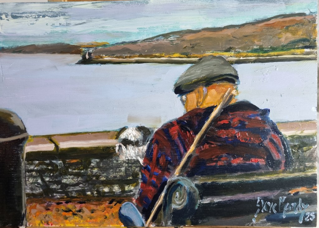 A painting of a man who sits on a public bench on the parog with his dog overlooking the ocean.