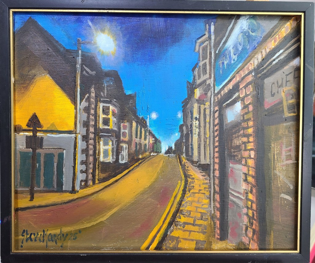 OIl painting of a lonley street in Fishguard, this is the path home after a beer or two in the Royal Oak.